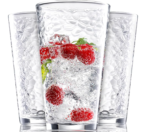 Set of 10 Hammered Glass Cups, 16oz. Dishwasher Safe Cocktail Drinking Glasses - Clear Heavy Base Stemmed Water Glasses, Tall Beer Glasses, Bar Glass, Juice, Iced Tea, Margarita, & Everyday Drinks.