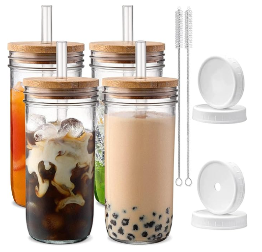 DWTS DANWEITESI Glass Cups with Lids and Straws,24 oz Smoothie Cup with Lid and Straw-Boba Mason Jar,Matcha Cup Wide Mouth Reusable Drinking Glasses,Iced Coffee Cups Glass,Vasos De Vidrio【4 Pack】