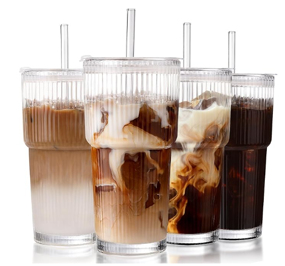 Iced Coffee Cups with Lids: Ribbed Glass Tumbler with Straw and Lid 4Pcs,Coffee Bar Accessories,20oz Leak Proof Tumbler - Reusable Glass Cups and Tumblers with Lids and Straws for To Go Iced Coffee