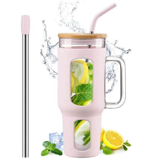 Glass Tumbler with Lid and Straw, 46 oz Iced Coffee Cup with Handle, Large Water Bottles with Silicone Sleeve, Glass Cup with Straws - Pearl Straw & Drinking Straw BPA Free-CottonPink